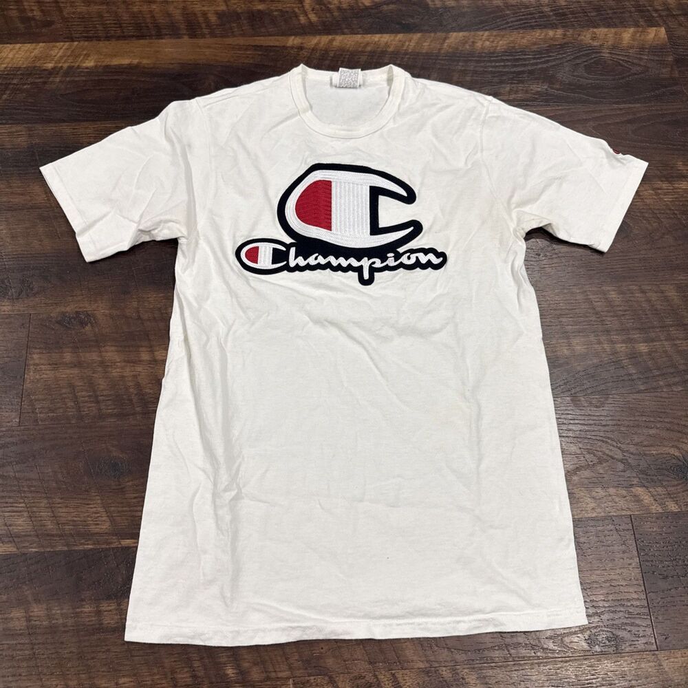 Champion T Shirt Mens Large Embroidered Logo White Crew Neck Short Sleeve Retro